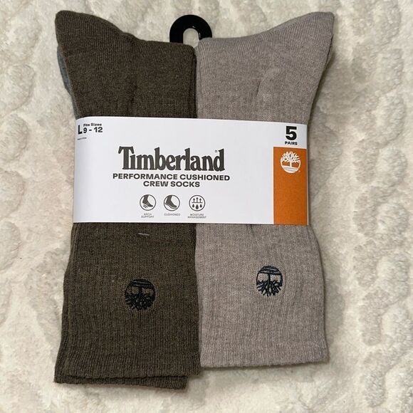 Timberland L 9-13 Brown Tan Green Gray Performance Cushioned Crew Socks 5pk - Picture 1 of 11